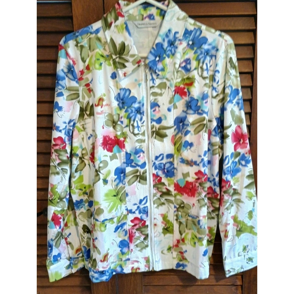 Drapers & Damons Women's Floral Zip Up Blue Green Floral Cotton Jacket Size XL